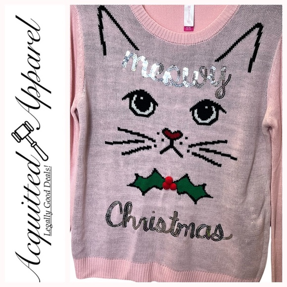 NOBO NO BOUNDARIES Meowy Christmas Cat Sequin Sweater NWT - Picture 1 of 10